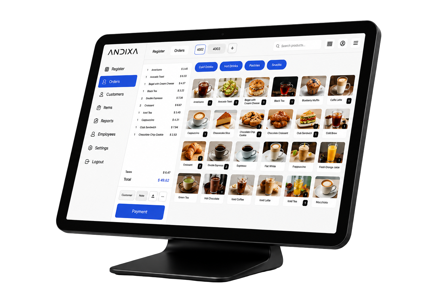 Andixa POS touchscreen register displaying the ordering interface
