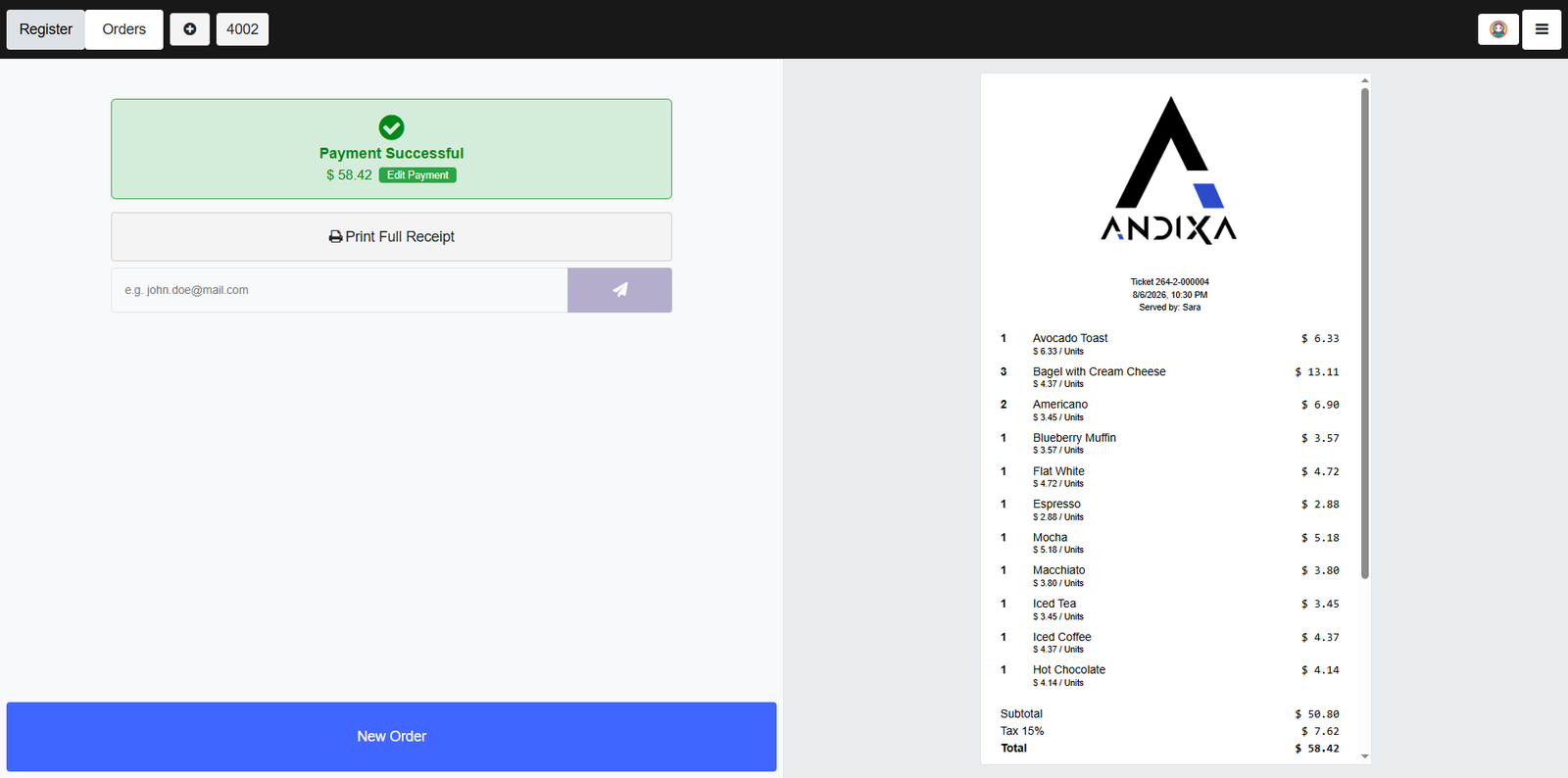 Andixa POS successful payment and branded receipt interface