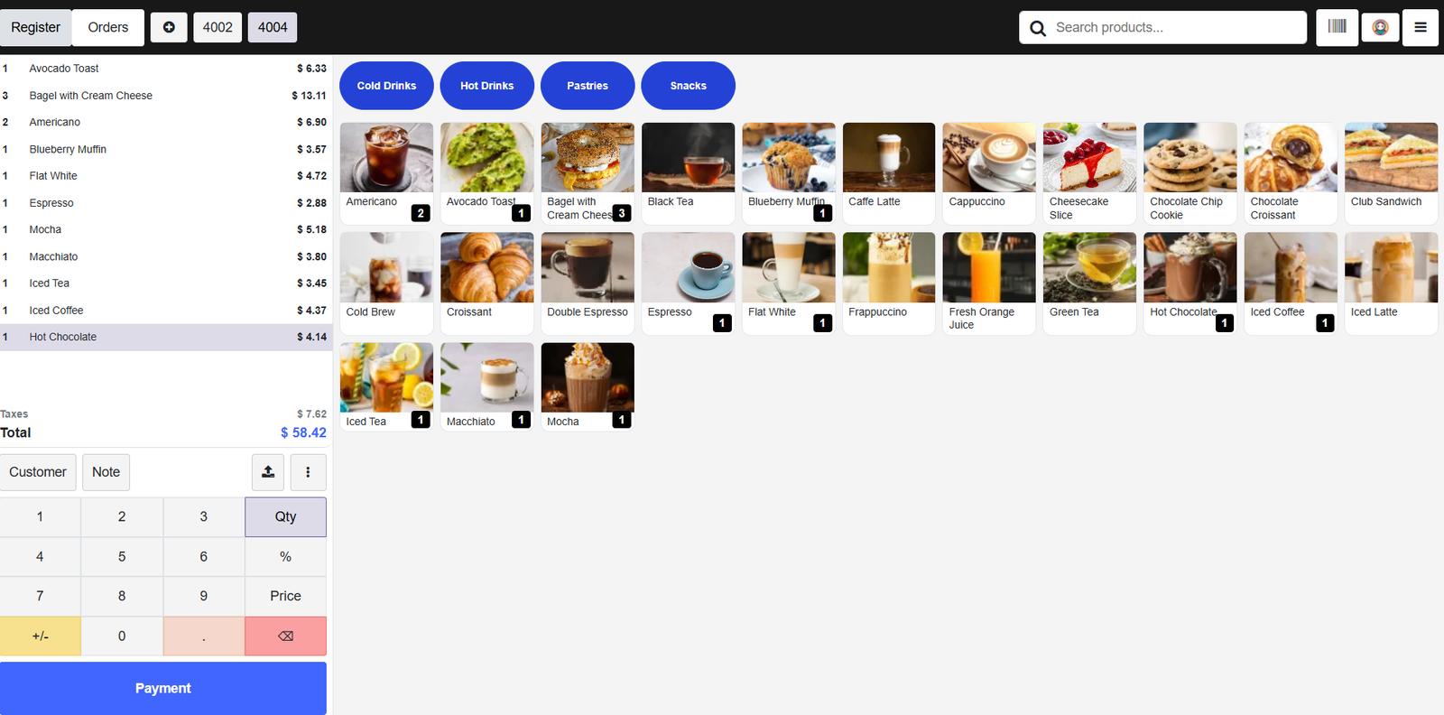 Andixa POS register and product ordering interface